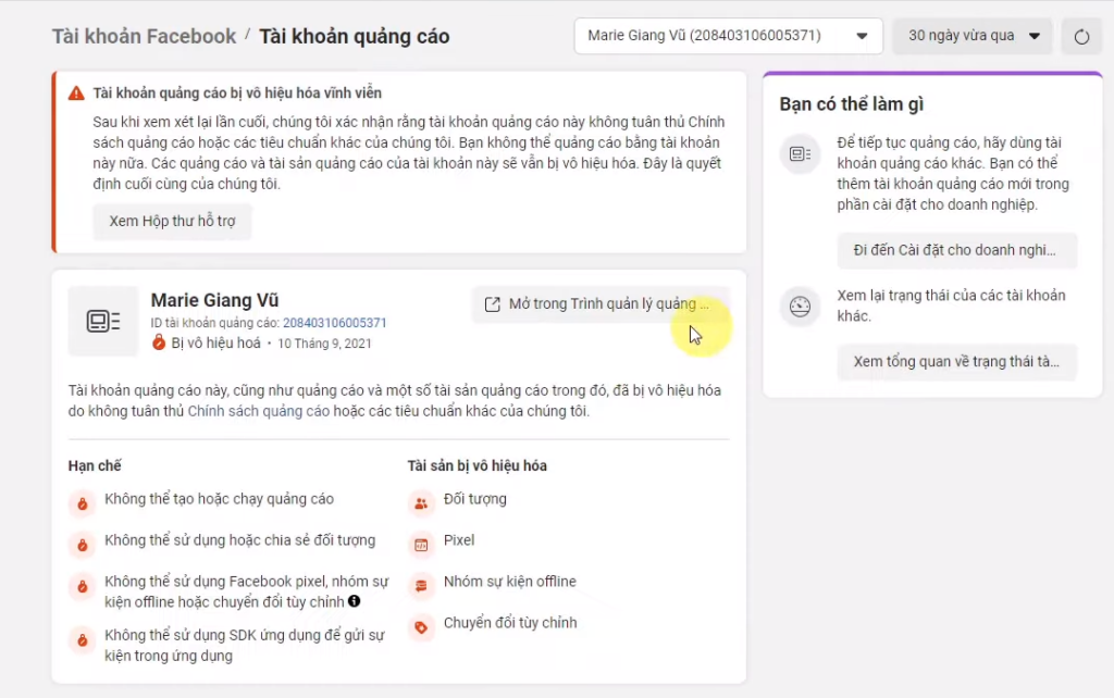 Khôi phục tài khoản quảng cáo Facebook bị vô hiệu hóa
